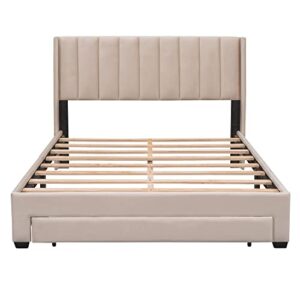Bellemave Queen Size Bed Frame with A Storage Drawer, Velvet Upholstered Platform Bed with Wingback Vertical Channel Tufted Headboard, No Box Spring Needed, Beige