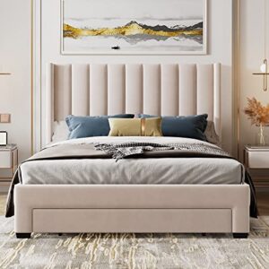 Bellemave Queen Size Bed Frame with A Storage Drawer, Velvet Upholstered Platform Bed with Wingback Vertical Channel Tufted Headboard, No Box Spring Needed, Beige