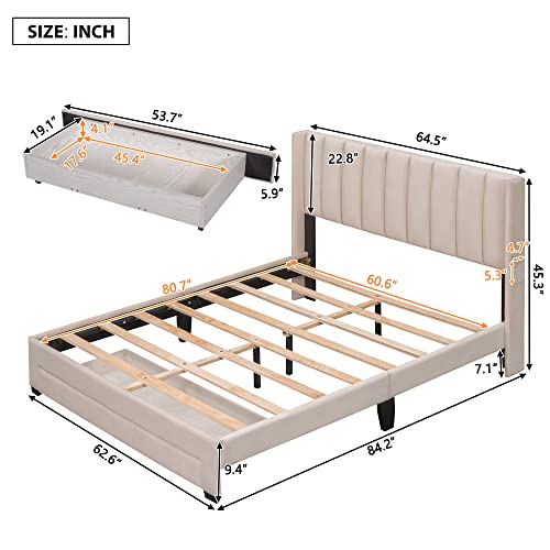 Bellemave Queen Size Bed Frame with A Storage Drawer, Velvet Upholstered Platform Bed with Wingback Vertical Channel Tufted Headboard, No Box Spring Needed, Beige