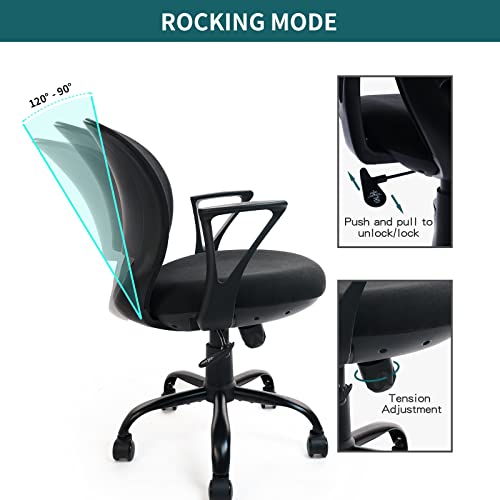 CLATINA Mid Back Office Desk Chair with Comfortable Thickened Seat Cushion Fabric Ergonomic Swivel Computer Task Chair with Armrest for Home Office Studying, Black