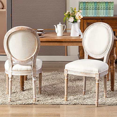 COLAMY French Country Style Dining Chairs Set of 2, Upholstered Tufted Vintage Farmhouse Dining Room Chairs for Living Room, Kitchen, Restaurant, Cafe - Light Beige