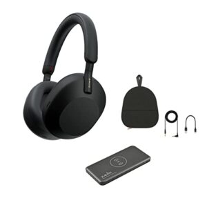 sony wh-1000xm5 wireless closed-back over-ear noise cancelling headphones, black with powervault iii 10000mah wireless charger