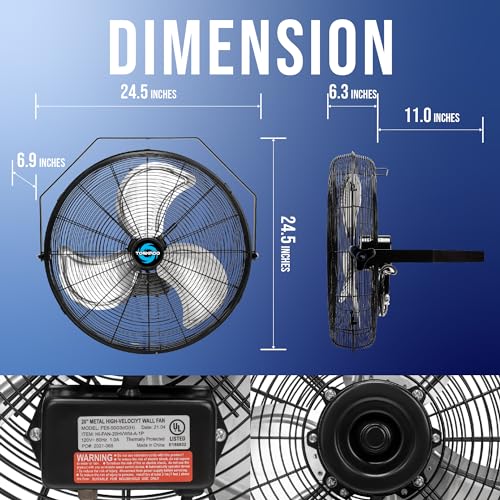 Tornado - 20 Inch High Velocity Industrial Wall Fan - 4750 CFM - 3 Speed - 6 FT Cord - Industrial, Commercial, Residential Use - UL Safety Listed