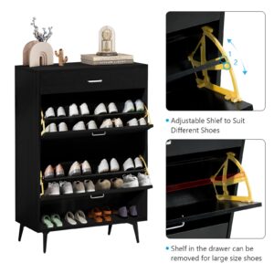 sweiko flip drawer shoe cabinet wooden shoe cabinet organizer with drawer and open shelf freestanding shoe storage rack for entryway hallway mudroom bedroom black