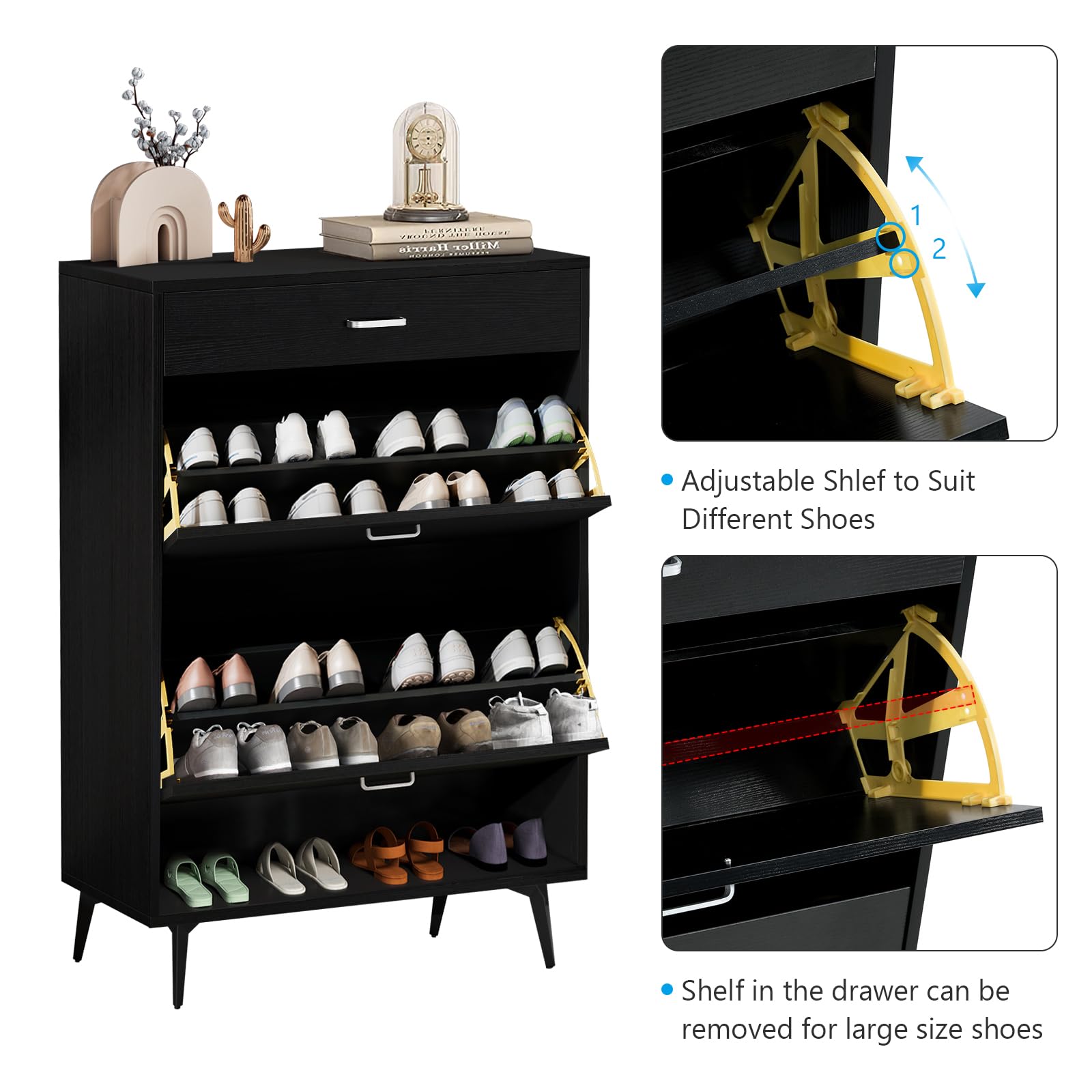 Sweiko Flip Drawer Shoe Cabinet Wooden Shoe Cabinet Organizer with Drawer and Open Shelf Freestanding Shoe Storage Rack for Entryway Hallway Mudroom Bedroom Black