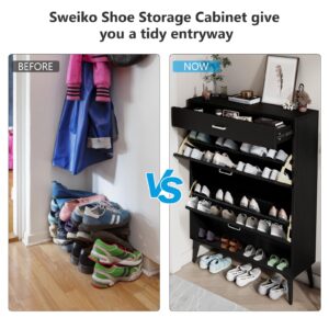 Sweiko Flip Drawer Shoe Cabinet Wooden Shoe Cabinet Organizer with Drawer and Open Shelf Freestanding Shoe Storage Rack for Entryway Hallway Mudroom Bedroom Black