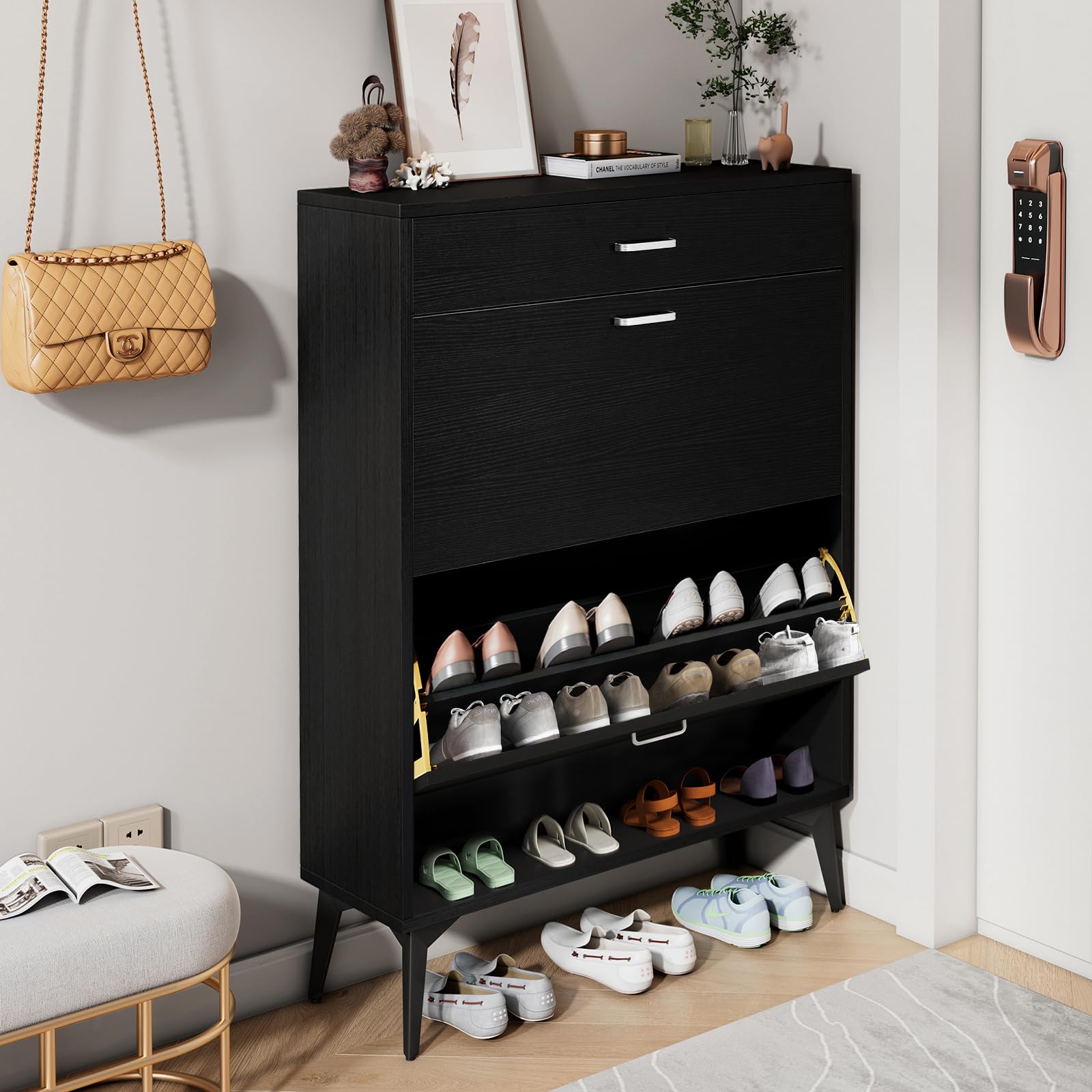 Sweiko Flip Drawer Shoe Cabinet Wooden Shoe Cabinet Organizer with Drawer and Open Shelf Freestanding Shoe Storage Rack for Entryway Hallway Mudroom Bedroom Black