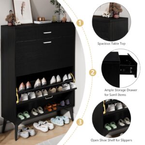 Sweiko Flip Drawer Shoe Cabinet Wooden Shoe Cabinet Organizer with Drawer and Open Shelf Freestanding Shoe Storage Rack for Entryway Hallway Mudroom Bedroom Black