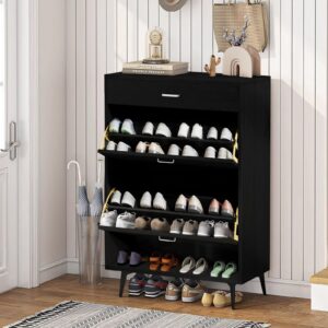 Sweiko Flip Drawer Shoe Cabinet Wooden Shoe Cabinet Organizer with Drawer and Open Shelf Freestanding Shoe Storage Rack for Entryway Hallway Mudroom Bedroom Black