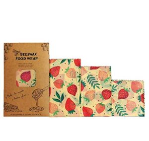 vovolo (strawberry print 3 pack s/m/lreusable beeswax food wraps eco friendly wrappers sustainable plastic free food storage washable bowl covers sandwich wrappers