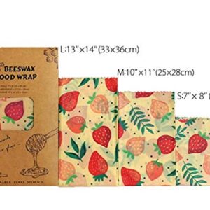 VOVOLO (Strawberry Print 3 Pack S/M/LReusable Beeswax Food Wraps Eco Friendly Wrappers Sustainable Plastic Free Food Storage Washable Bowl Covers Sandwich Wrappers