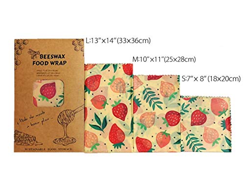 VOVOLO (Strawberry Print 3 Pack S/M/LReusable Beeswax Food Wraps Eco Friendly Wrappers Sustainable Plastic Free Food Storage Washable Bowl Covers Sandwich Wrappers