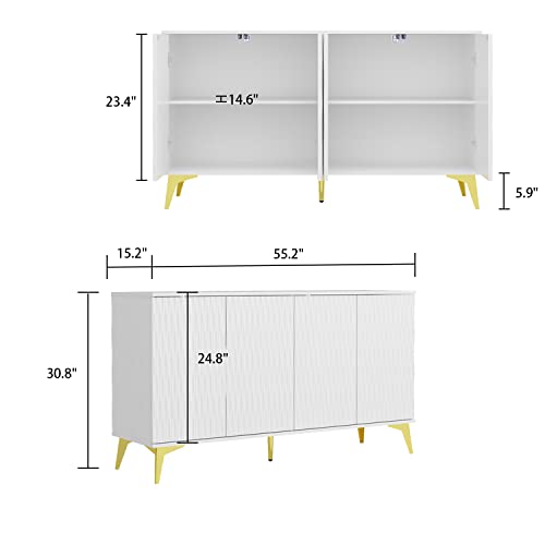 AIEGLE White Sideboard Cabinet, Modern 4 Pop-Out Doors Kitchen Buffet Storage Cabinet Console Tables, Entryway Cupboard Furniture with Adjustable Shelves & Metal Legs for Living Room