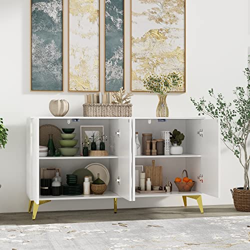 AIEGLE White Sideboard Cabinet, Modern 4 Pop-Out Doors Kitchen Buffet Storage Cabinet Console Tables, Entryway Cupboard Furniture with Adjustable Shelves & Metal Legs for Living Room