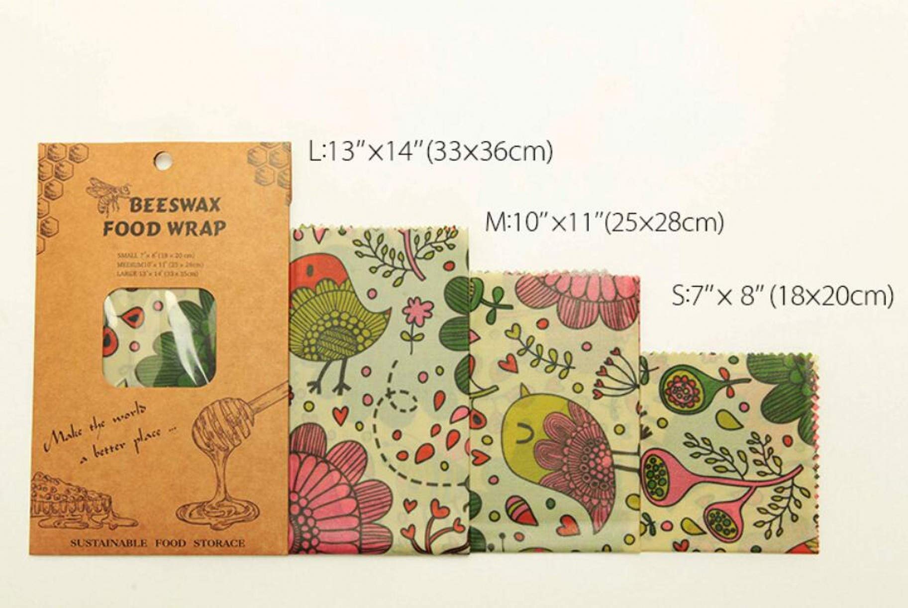 VOVOLO (Bird Print 3 Size S/M/LReusable Beeswax Food Wraps Eco Friendly Wrappers Sustainable Plastic Free Food Storage Washable Bowl Covers Sandwich Wrappers