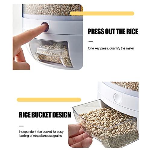 XBWEI 6-Grid Rotating Rice Dispenser Rice Storage Bucket Rice and Grain Storage Container -Click Rice Output