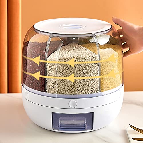 XBWEI 6-Grid Rotating Rice Dispenser Rice Storage Bucket Rice and Grain Storage Container -Click Rice Output