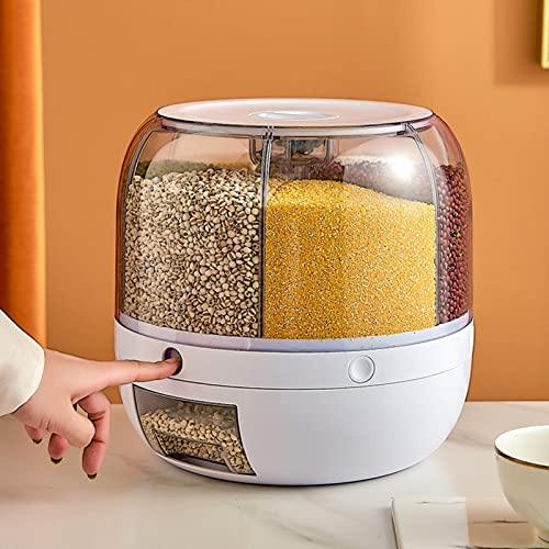 XBWEI 6-Grid Rotating Rice Dispenser Rice Storage Bucket Rice and Grain Storage Container -Click Rice Output