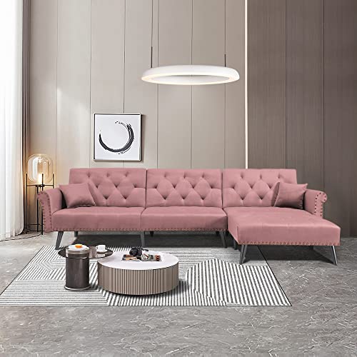 KoiHome Right Hand Facing Sectional Sofa with Velvet Button Tufted, L Shape Chaise with Nail Head Detail, Conical Wood Leg, 2 Pillows, Modern & Elegant, Home Furniture for Living Room,Office, Pink