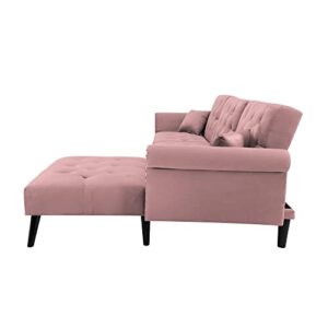 KoiHome Right Hand Facing Sectional Sofa with Velvet Button Tufted, L Shape Chaise with Nail Head Detail, Conical Wood Leg, 2 Pillows, Modern & Elegant, Home Furniture for Living Room,Office, Pink