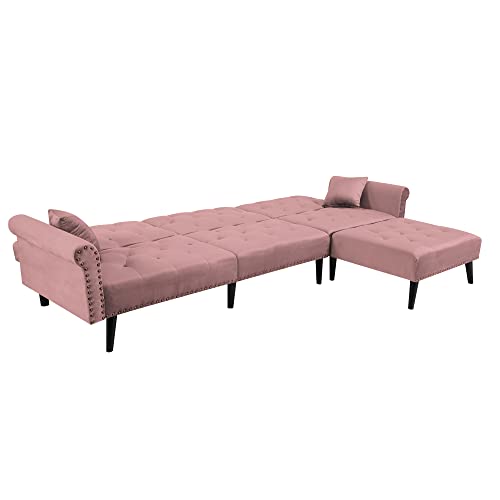 KoiHome Right Hand Facing Sectional Sofa with Velvet Button Tufted, L Shape Chaise with Nail Head Detail, Conical Wood Leg, 2 Pillows, Modern & Elegant, Home Furniture for Living Room,Office, Pink