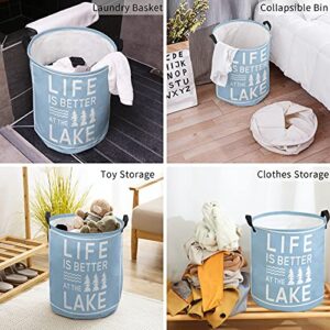 Laundry Basket Summer LIFE IS BETTER AT THE LAKE Blue Background Hampers for Laundry Room/Dorm/Nursery Collapsible Clothes Hamper with Handle Waterproof Storage Baskets for Bedroom/Bathroom 16.5x17in