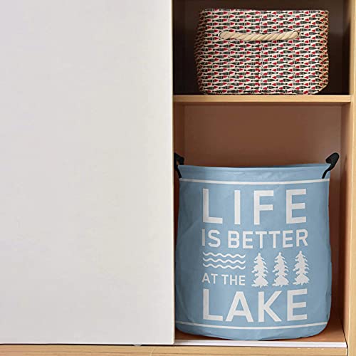 Laundry Basket Summer LIFE IS BETTER AT THE LAKE Blue Background Hampers for Laundry Room/Dorm/Nursery Collapsible Clothes Hamper with Handle Waterproof Storage Baskets for Bedroom/Bathroom 16.5x17in