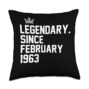 vintage february birthday gifts for men & women retro legendary since february 1963 60th birthday 60 year throw pillow, 18x18, multicolor