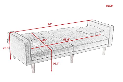 POCIYIHOME Futon Sleeper Sofa Adjustable Back and Two Pillows, Modern Chaise with Conical Wood Legs, Contemporary Home Furniture for Living, Bedroom,Office,Waiting Room, Polyester, Light Grey