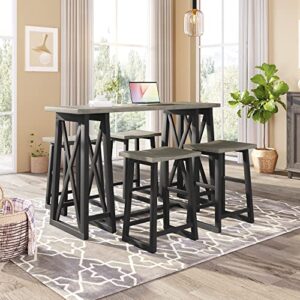 merax 5-piece rustic counter height dining set with wood console table and 4 stools for small places, grey