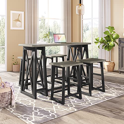 Merax 5-Piece Rustic Counter Height Dining Set with Wood Console Table and 4 Stools for Small Places, Grey