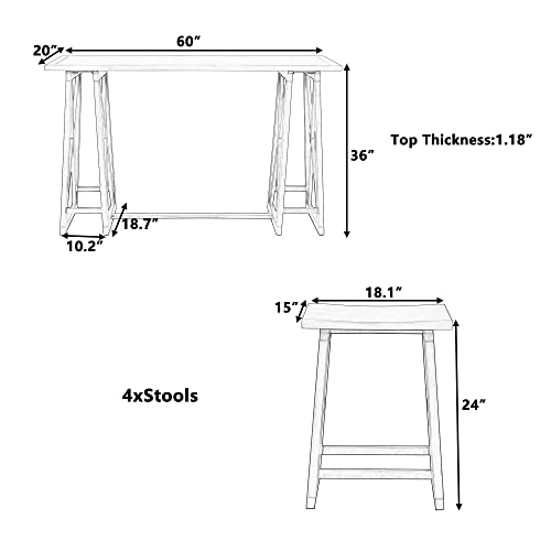 Merax 5-Piece Rustic Counter Height Dining Set with Wood Console Table and 4 Stools for Small Places, Grey