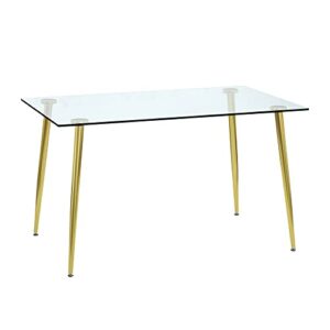 henf rectangular glass dining table for 4-6 persons, 0.31" thick tempered glass tabletop and plating metal legs, glass writing table desk, 51 inch dining table for kitchen living room (gold)