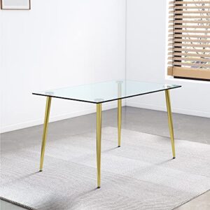 Henf Rectangular Glass Dining Table for 4-6 Persons, 0.31" Thick Tempered Glass Tabletop and Plating Metal Legs, Glass Writing Table Desk, 51 Inch Dining Table for Kitchen Living Room (Gold)