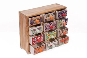 tyagi-export -multipurpose 12 drawer ceramic organizer storage chest of drawers -teak wood unique pottery fancy wooden drawer box drawers jewellery organizer,for bedroom living room 14 x 4.5 x 12 inch