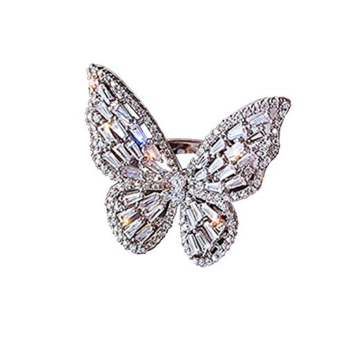 AIMAOMI Women Butterfly Open Ring Adjustable Engagement Rings Inlaid Zircon Ring Exquisite Ring for Her (Silver, One Size)