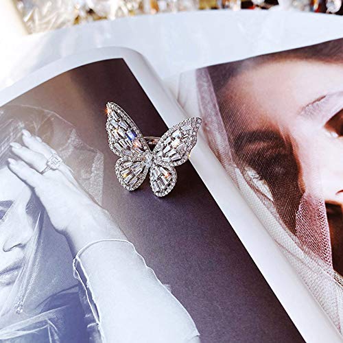 AIMAOMI Women Butterfly Open Ring Adjustable Engagement Rings Inlaid Zircon Ring Exquisite Ring for Her (Silver, One Size)