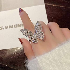 AIMAOMI Women Butterfly Open Ring Adjustable Engagement Rings Inlaid Zircon Ring Exquisite Ring for Her (Silver, One Size)