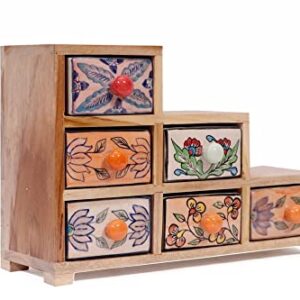 Tyagi-Export -Staircase 6 Drawer Wide Ceramic Organizer Storage Cabinet Chest of Drawers Unique Pottery Wooden Drawer Box Drawers 14 x 4.5 x 9 Inch