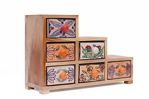 Tyagi-Export -Staircase 6 Drawer Wide Ceramic Organizer Storage Cabinet Chest of Drawers Unique Pottery Wooden Drawer Box Drawers 14 x 4.5 x 9 Inch