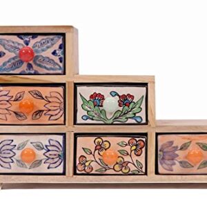 Tyagi-Export -Staircase 6 Drawer Wide Ceramic Organizer Storage Cabinet Chest of Drawers Unique Pottery Wooden Drawer Box Drawers 14 x 4.5 x 9 Inch