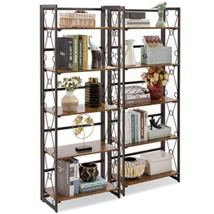 vecelo 5 tier folding bookshelf, 2-step assembly foldable bookcase, collapsible book shelves with metal lace x frame and anti-toppling design,antique brown,set of 2