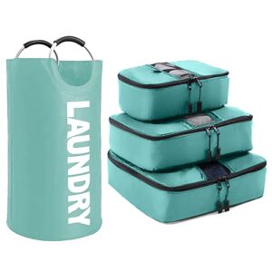 gorilla grip laundry basket and 3 piece packing cubes, laundry basket size 82l, easy carry handles, space saving travel for carry on in multiple sizes, mesh zipper, both in turquoise, 2 item bundle