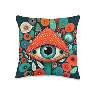 retro trendy funky hippie 60s 70s aesthetic decor cottagecore mushroom flower hippie 60s 70s aesthetic style throw pillow, 16x16, multicolor