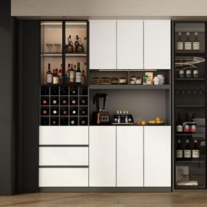 homsee modern tall kitchen pantry with acrylic glass doors, led light, 3 drawers, removable wine racks & adjustable shelves, wood sideboard buffet cabinet with hutch for living room, dark grey&white