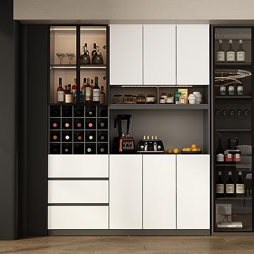 Homsee Modern Tall Kitchen Pantry with Acrylic Glass Doors, LED Light, 3 Drawers, Removable Wine Racks & Adjustable Shelves, Wood Sideboard Buffet Cabinet with Hutch for Living Room, Dark Grey&White