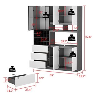 Homsee Modern Tall Kitchen Pantry with Acrylic Glass Doors, LED Light, 3 Drawers, Removable Wine Racks & Adjustable Shelves, Wood Sideboard Buffet Cabinet with Hutch for Living Room, Dark Grey&White