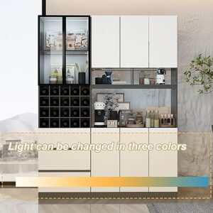 Homsee Modern Tall Kitchen Pantry with Acrylic Glass Doors, LED Light, 3 Drawers, Removable Wine Racks & Adjustable Shelves, Wood Sideboard Buffet Cabinet with Hutch for Living Room, Dark Grey&White