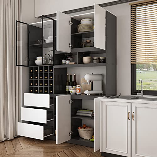 Homsee Modern Tall Kitchen Pantry with Acrylic Glass Doors, LED Light, 3 Drawers, Removable Wine Racks & Adjustable Shelves, Wood Sideboard Buffet Cabinet with Hutch for Living Room, Dark Grey&White
