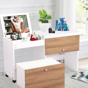 samery makeup vanity desk with mirror and drawers, flip top vanity table set with storage cushioned stool, 4 in 1 wood dressing table for women girls for bedroom, short, white